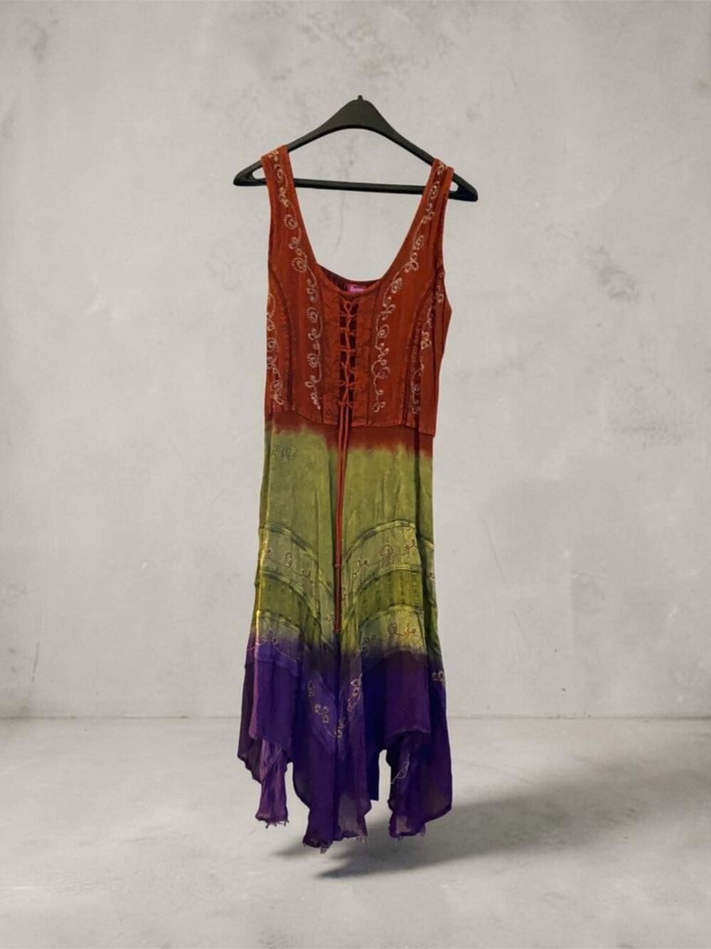 Fashion Terminal Free Size Boho Embroidered Lace-Up Midi Dress Festival Hippie